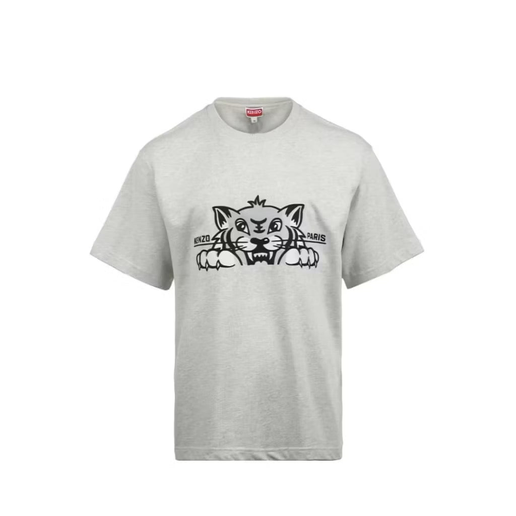 KENZO HAPPY TIGER EMBROIDERY LOGO GREY T SHIRT