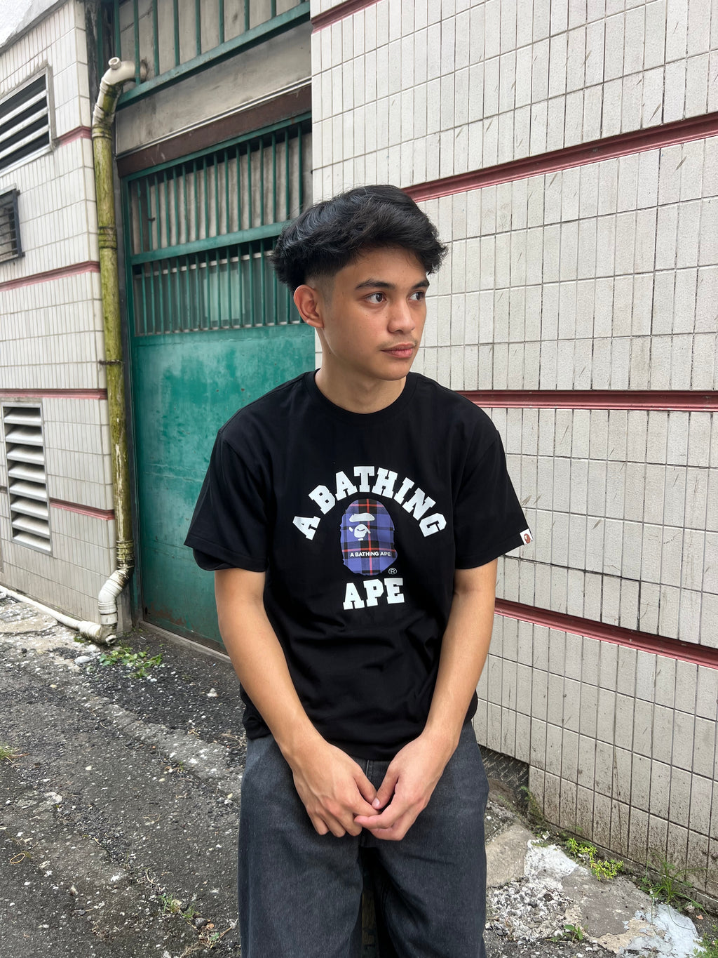 BAPE Logo Check College T-shirt in black