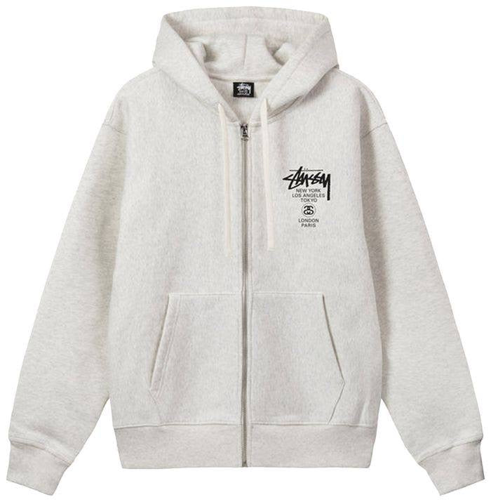 Stüssy World Tour Zip Up Hoodie In Grey