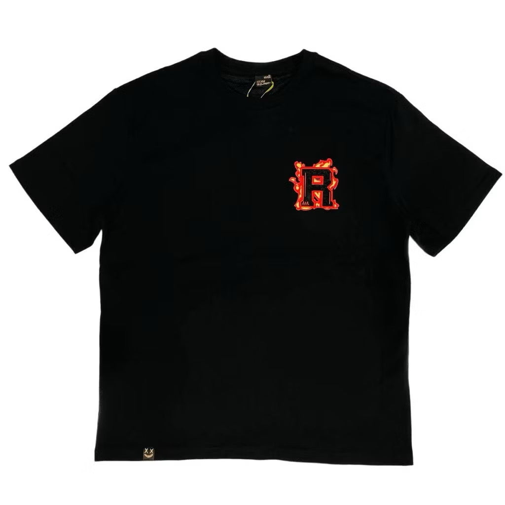 RICKYISCLOWN ORANGE FLAMES EMBROIDERY BLACK TEE