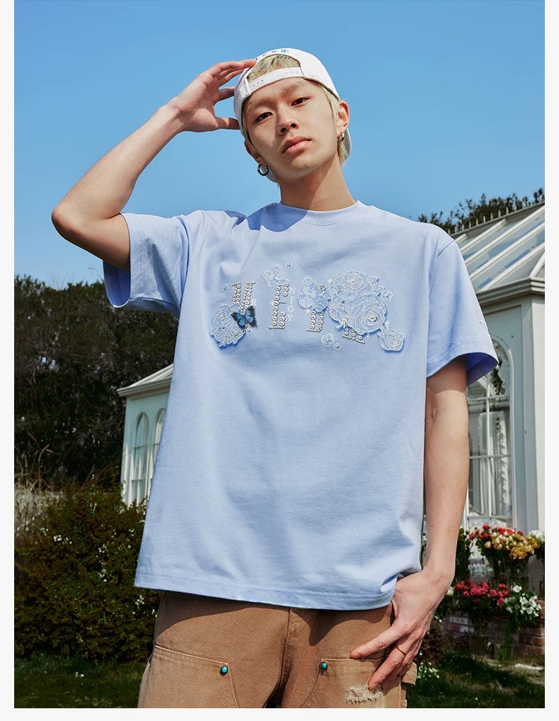 MEDM BUTTERFLY FLOWER EMBROIDERY BLUE TEE