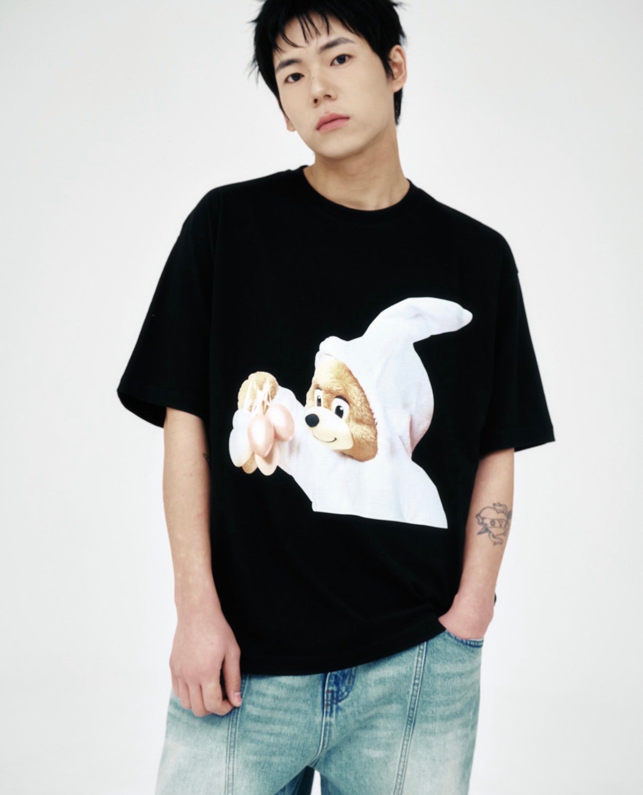 ADLV BEAR BABY BUNNY FACE BLACK TEE