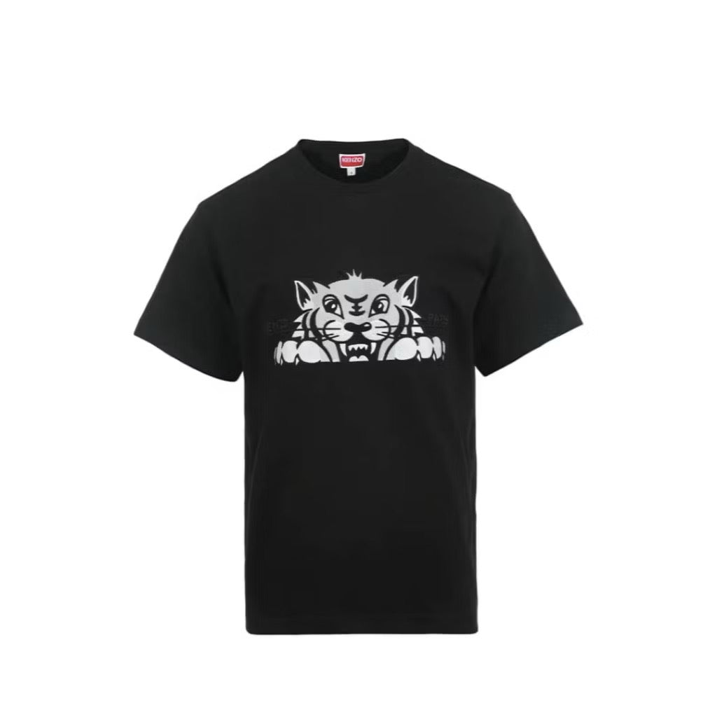 KENZO HAPPY TIGER EMBROIDERY LOGO BLACK T SHIRT
