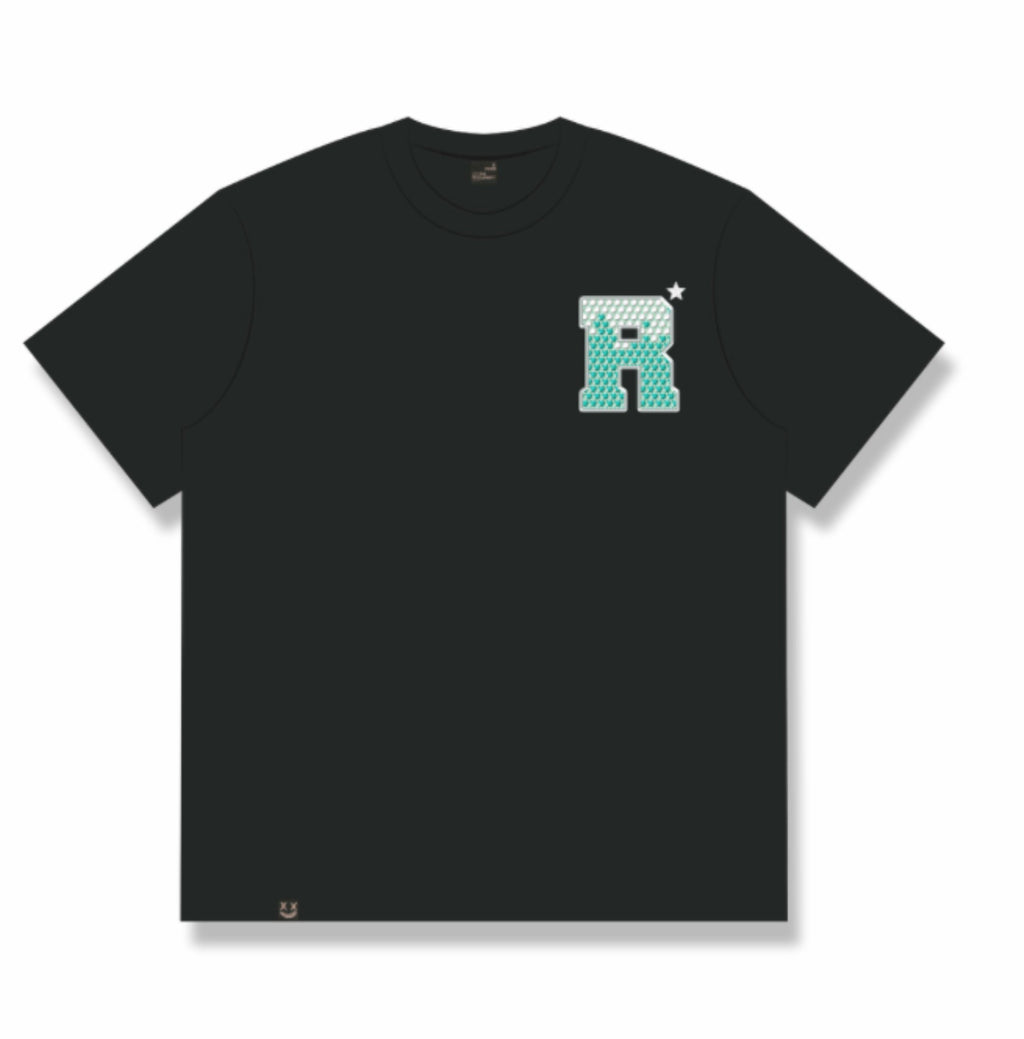 RICKYISCLOWN BLUE RHINESTONE BLACK TEE