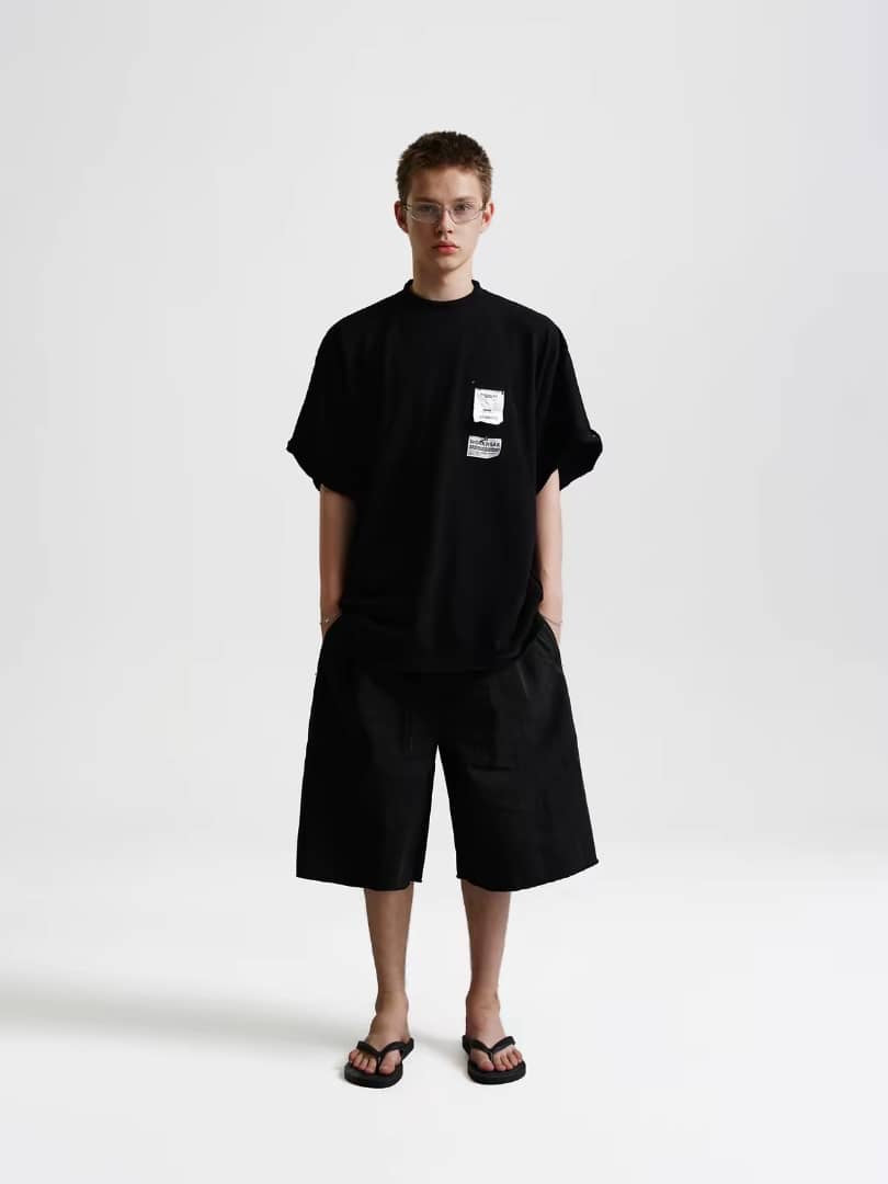 Masonprince Disordered Stitching Double Label Washable Ripped Short-Sleeve Tee Black
