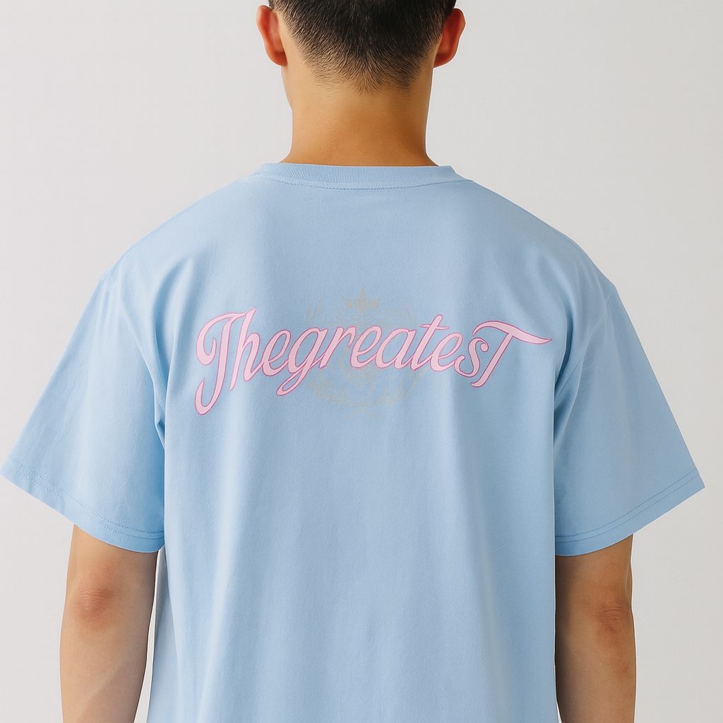 GOAT THE GREATEST PINK SCRIPT T SHIRT BLUE