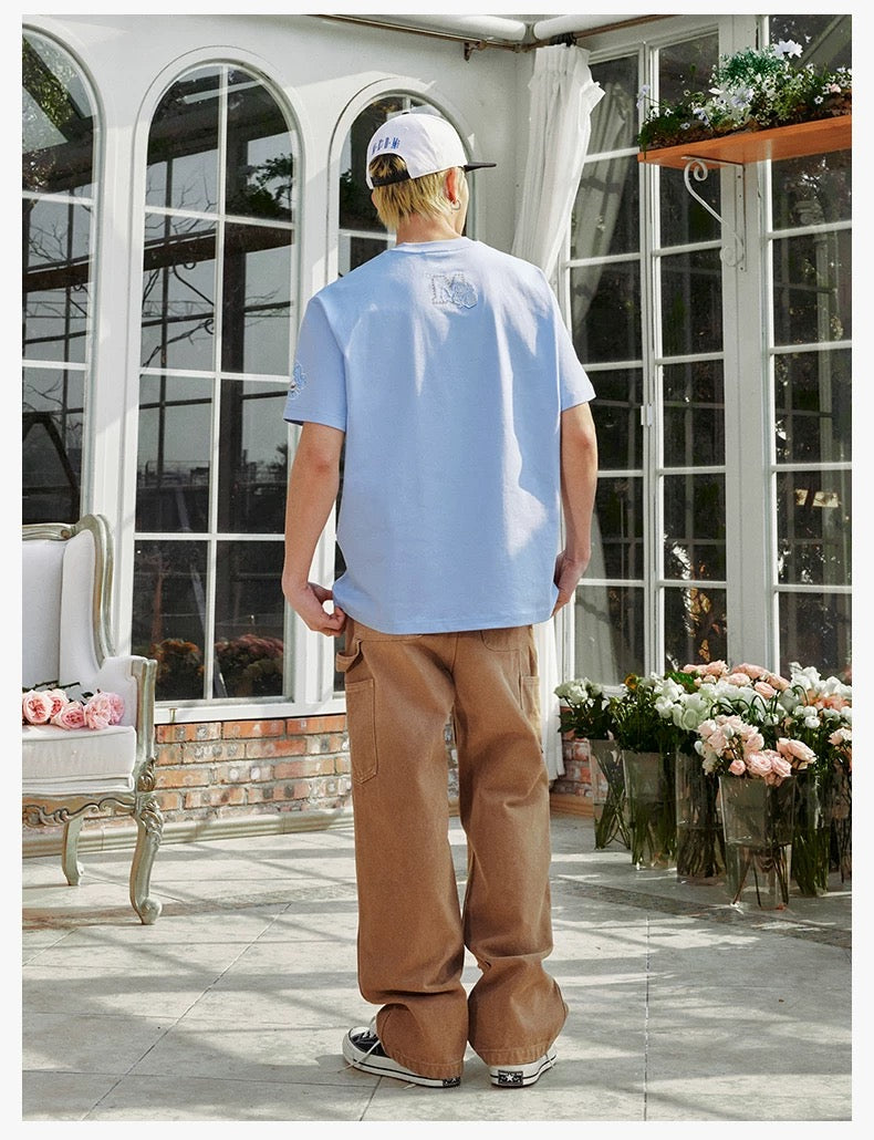 MEDM BUTTERFLY FLOWER EMBROIDERY BLUE TEE