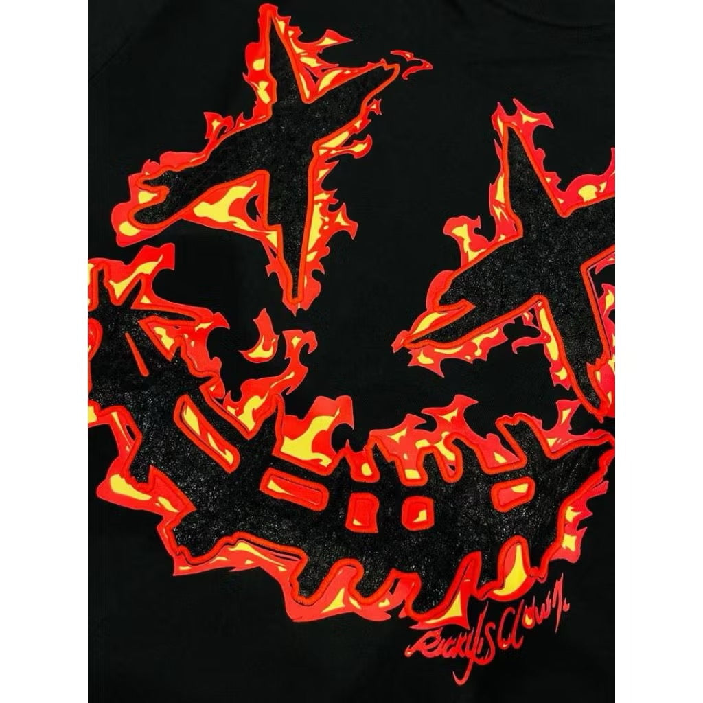 RICKYISCLOWN ORANGE FLAMES EMBROIDERY BLACK TEE