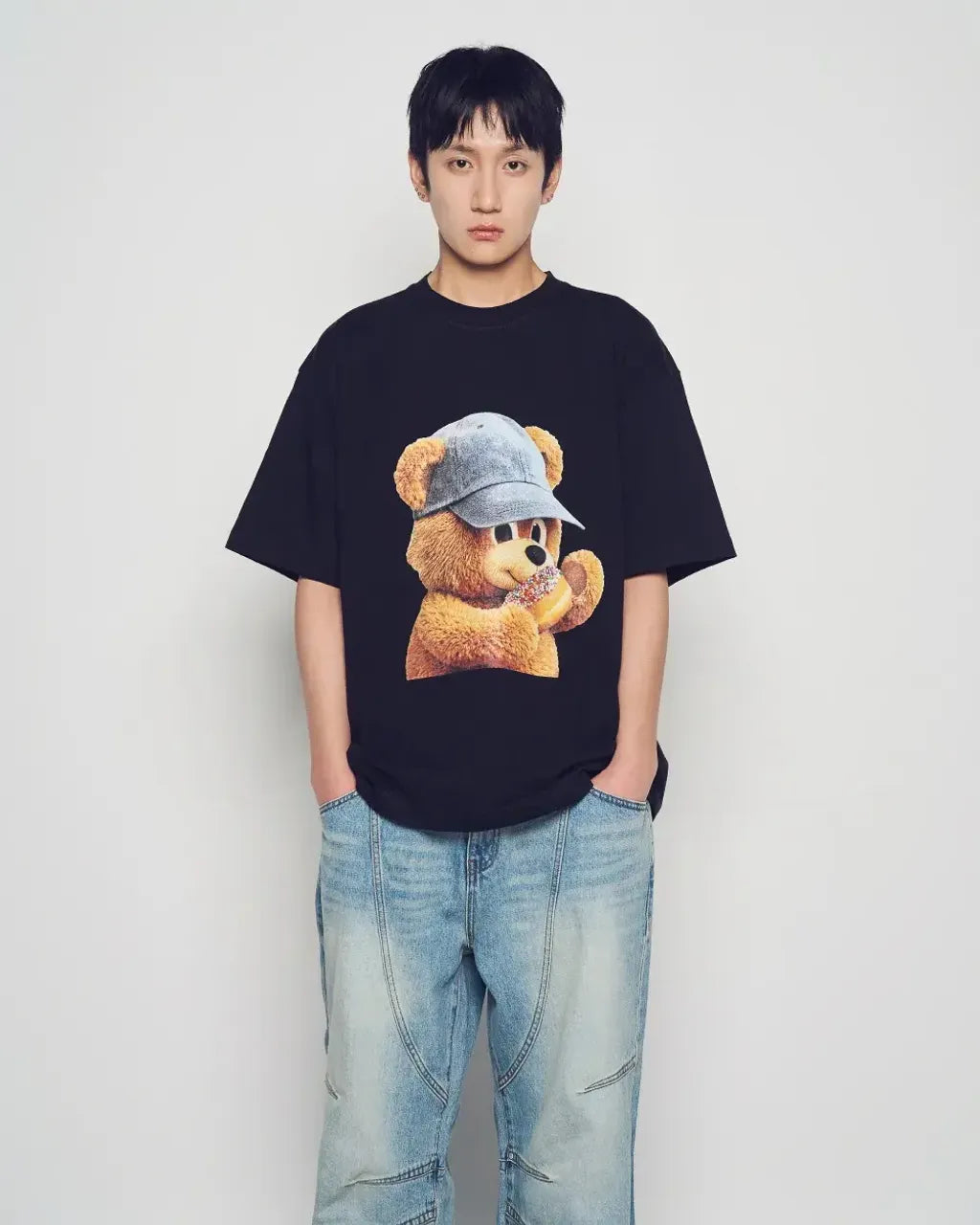 ADLV BEAR BABY FACE CAP BOY SHORT SLEEVE T-SHIRT BLACK