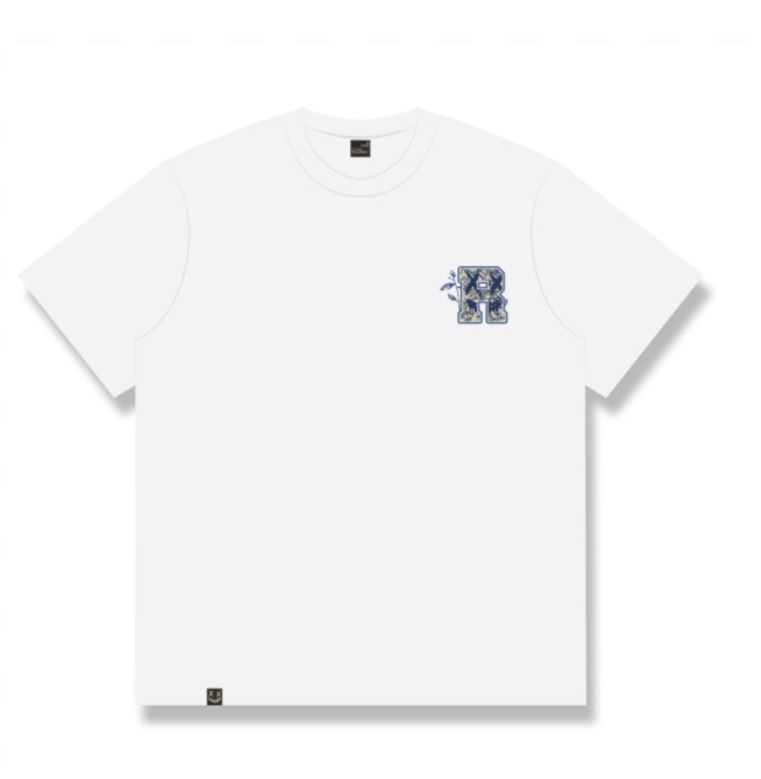 RICKYISCLOWN BLUE WHITE GRAPHIC EMBROIDERY WHITE T SHIRT