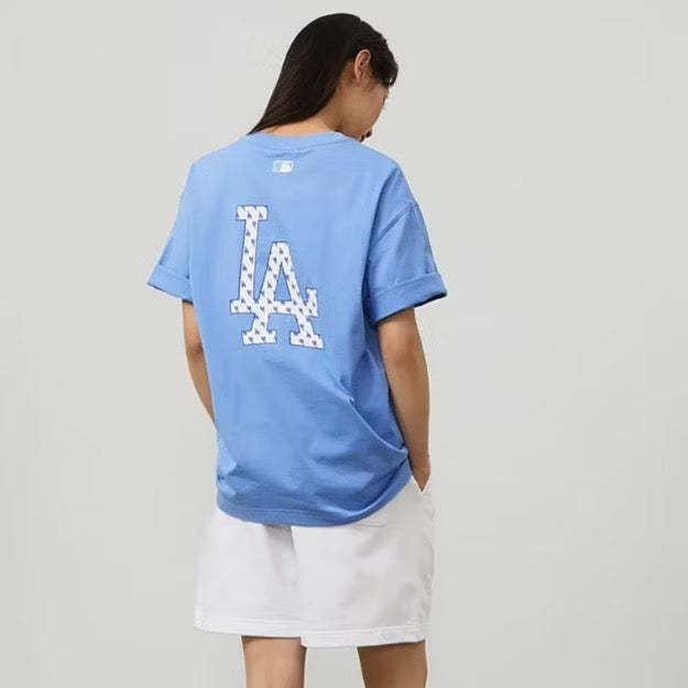 MLB LA WHITE MONOGRAM PRINTED LOGO BLUE TEE