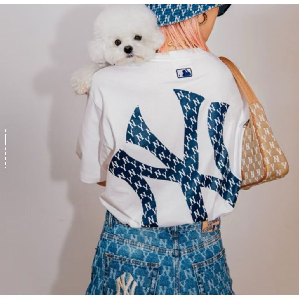 MLB NY BLUE MONOGRAM PRINTED LOGO WHITE TEE