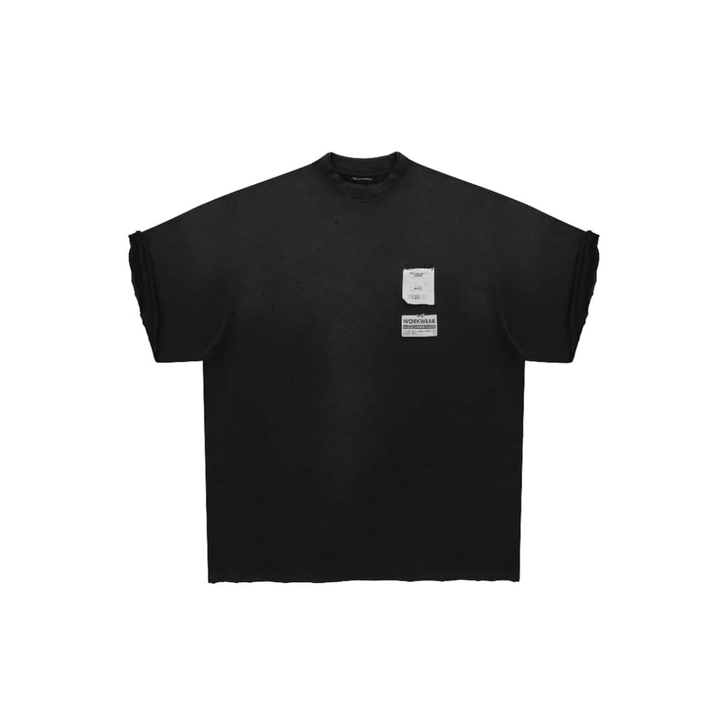 Masonprince Disordered Stitching Double Label Washable Ripped Short-Sleeve Tee Black