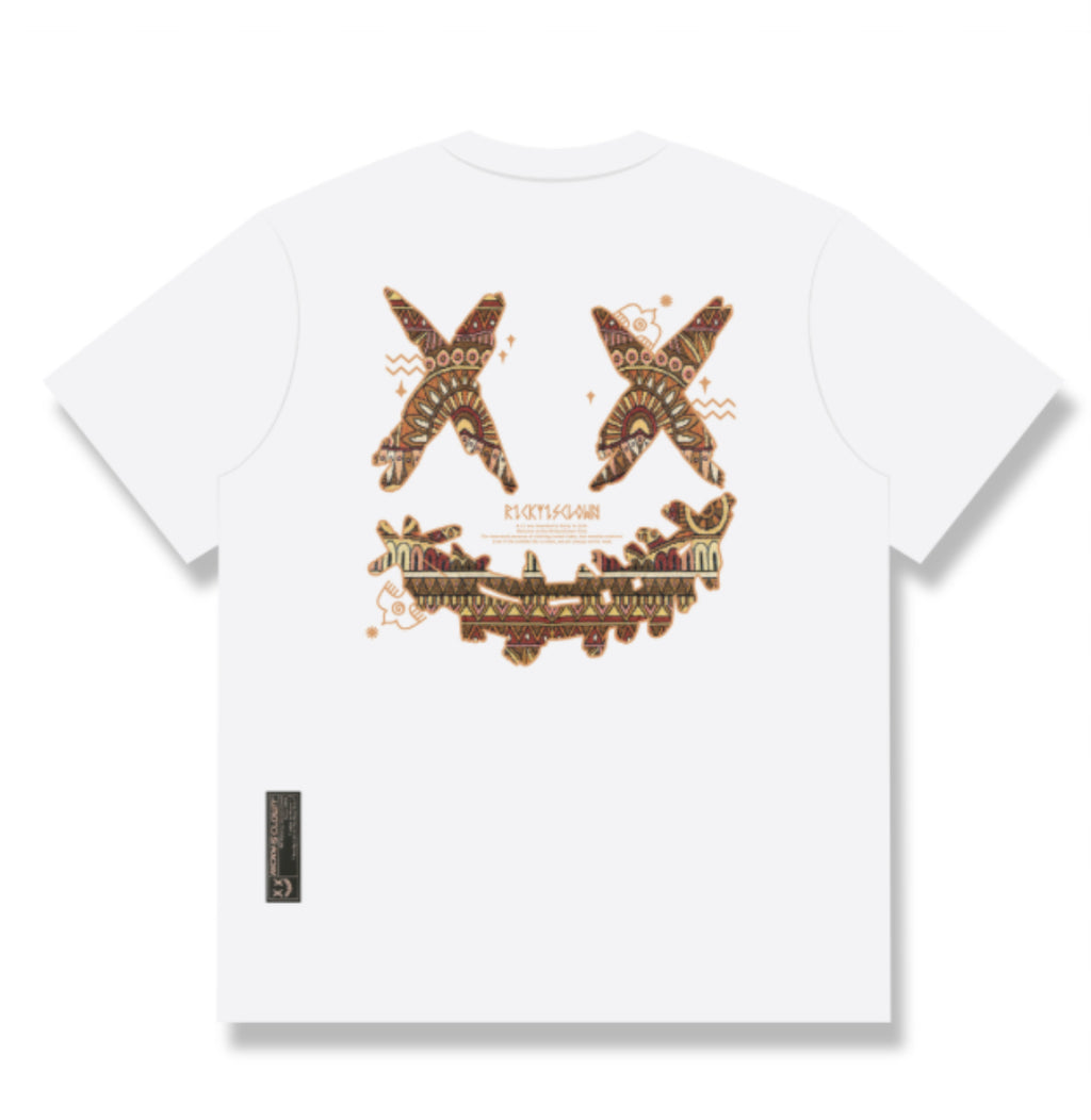 RICKYISCLOWN BROWN BOHO EMBROIDERY WHITE TEE
