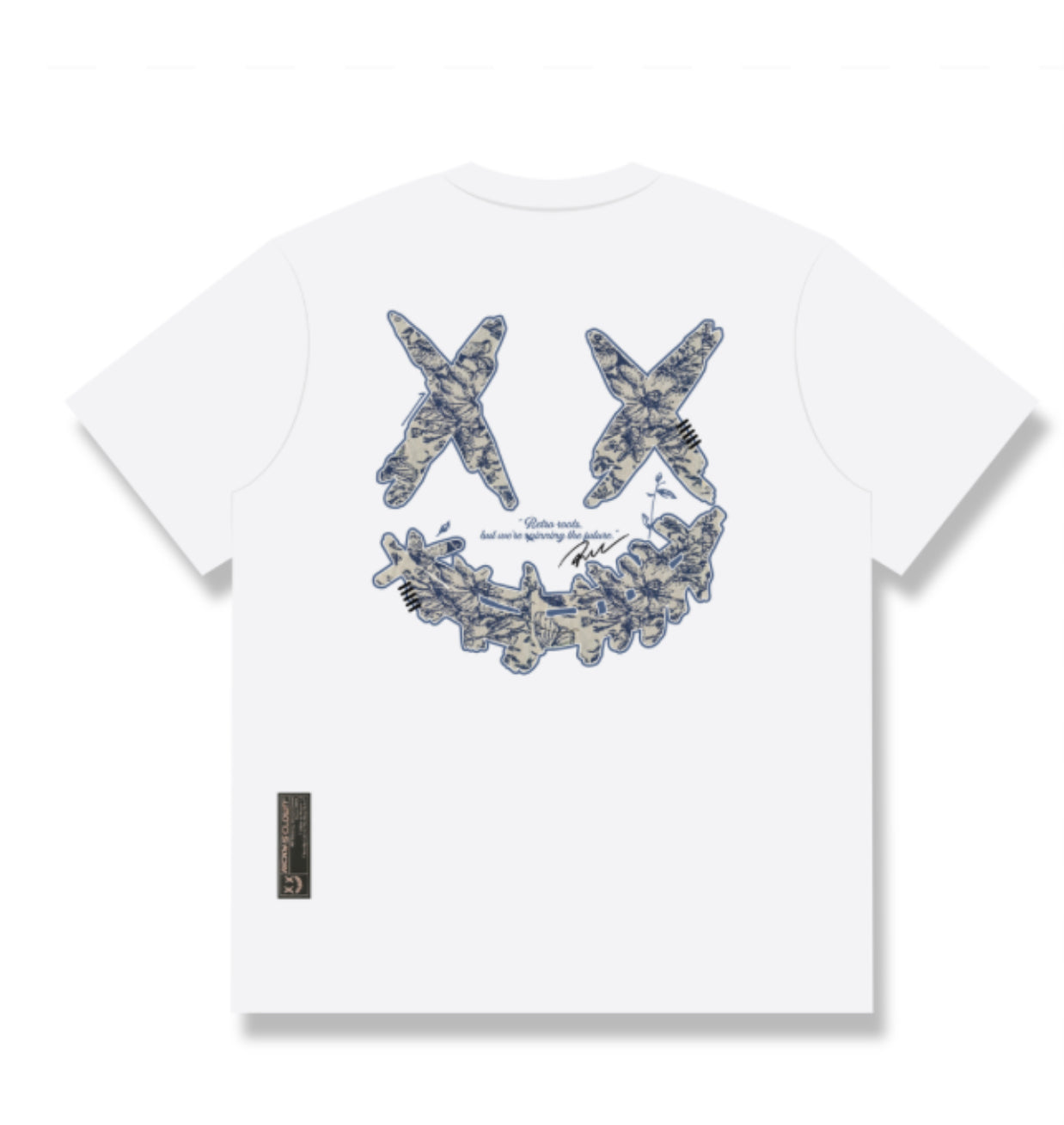 RICKYISCLOWN BLUE WHITE GRAPHIC EMBROIDERY WHITE T SHIRT