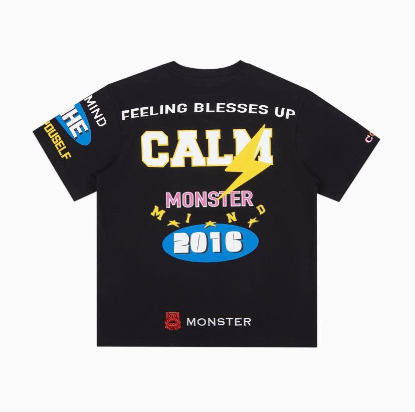 Calm Mind Blesses Up Monster Text Multi Black T Shirt