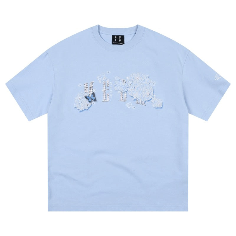 MEDM BUTTERFLY FLOWER EMBROIDERY BLUE TEE