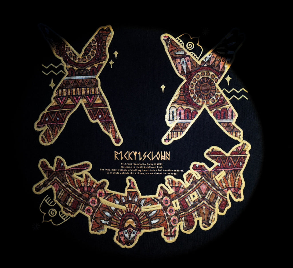 RICKYISCLOWN BROWN BOHO EMBROIDERY BLACK TEE