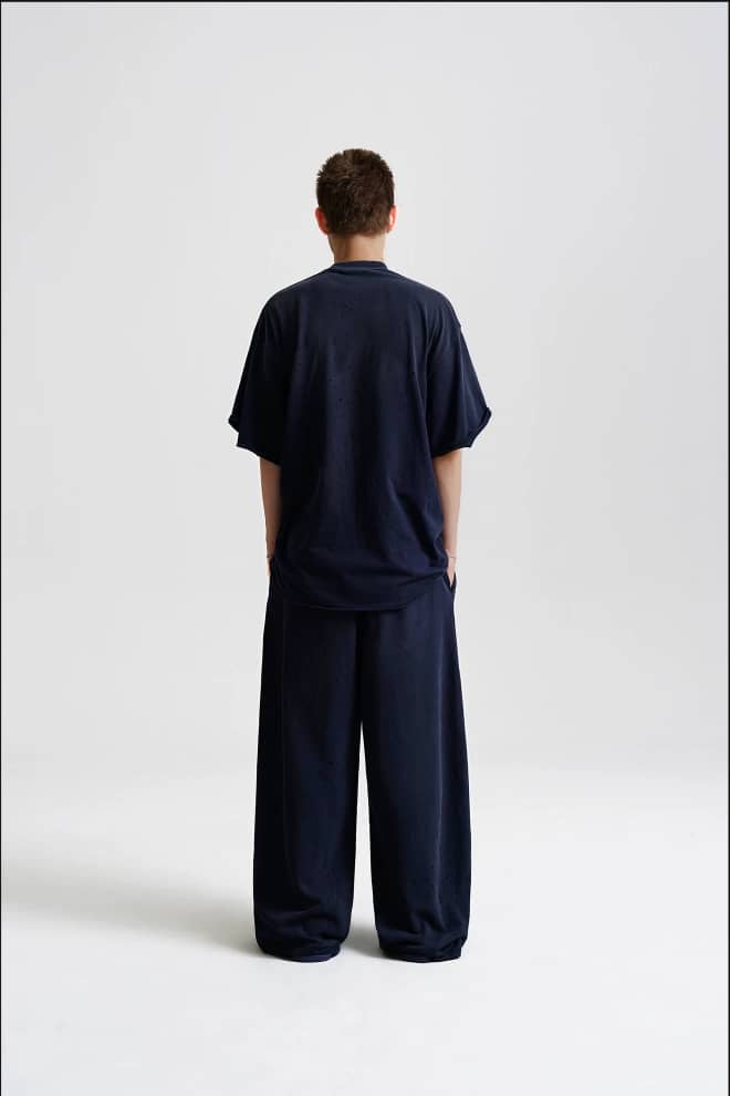 Masonprince Disordered Stitching Double Label Washable Ripped Short-Sleeve Tee Space Blue