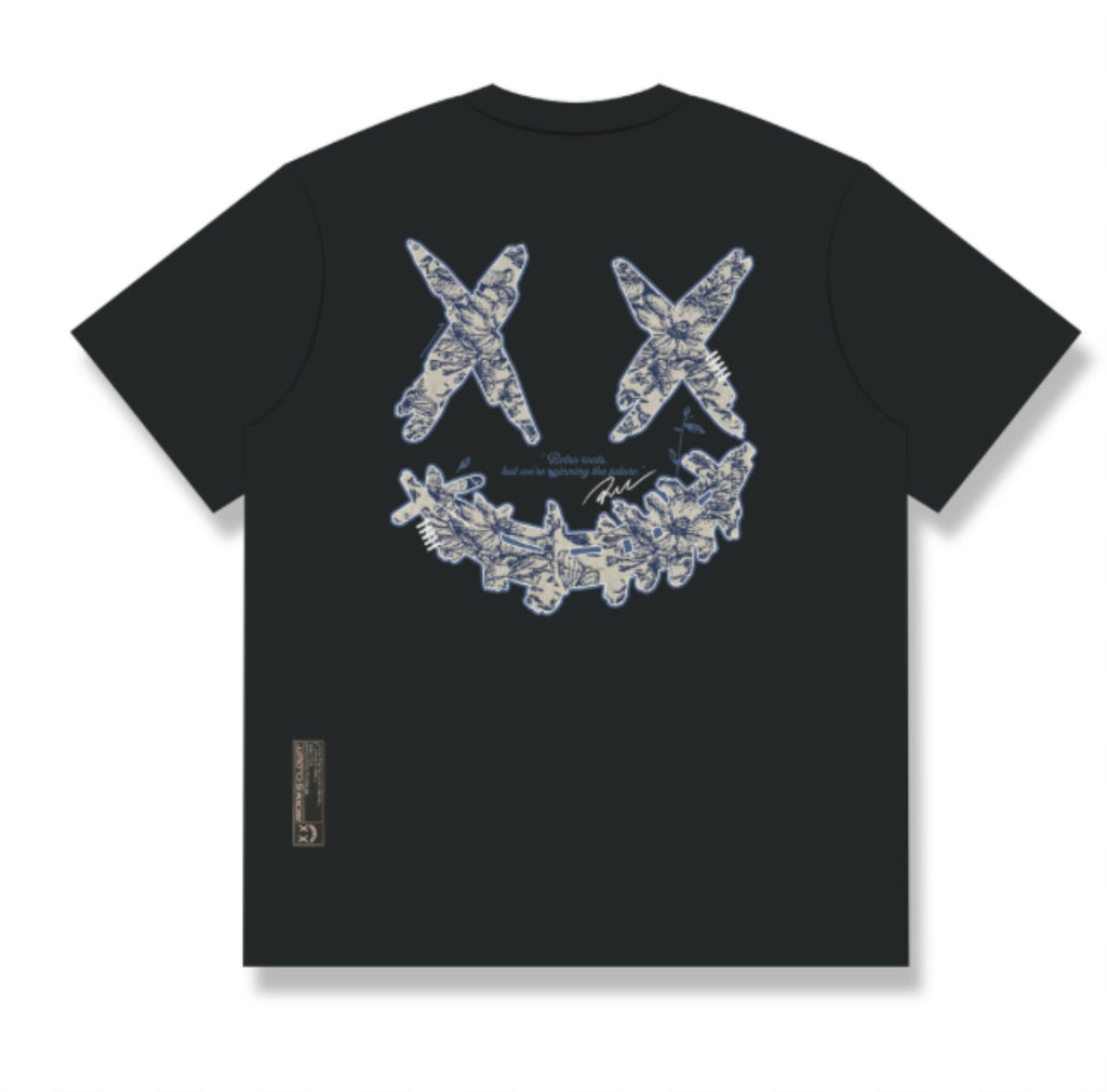 RICKYISCLOWN BLUE WHITE GRAPHIC EMBROIDERY BLACK T SHIRT