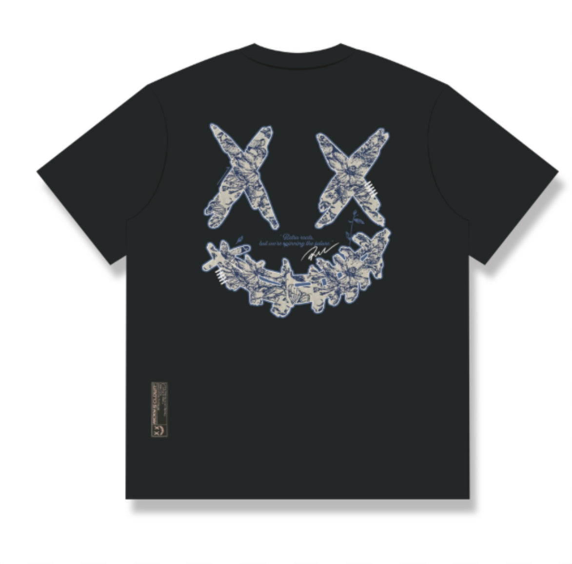 RICKYISCLOWN BLUE WHITE GRAPHIC EMBROIDERY BLACK T SHIRT