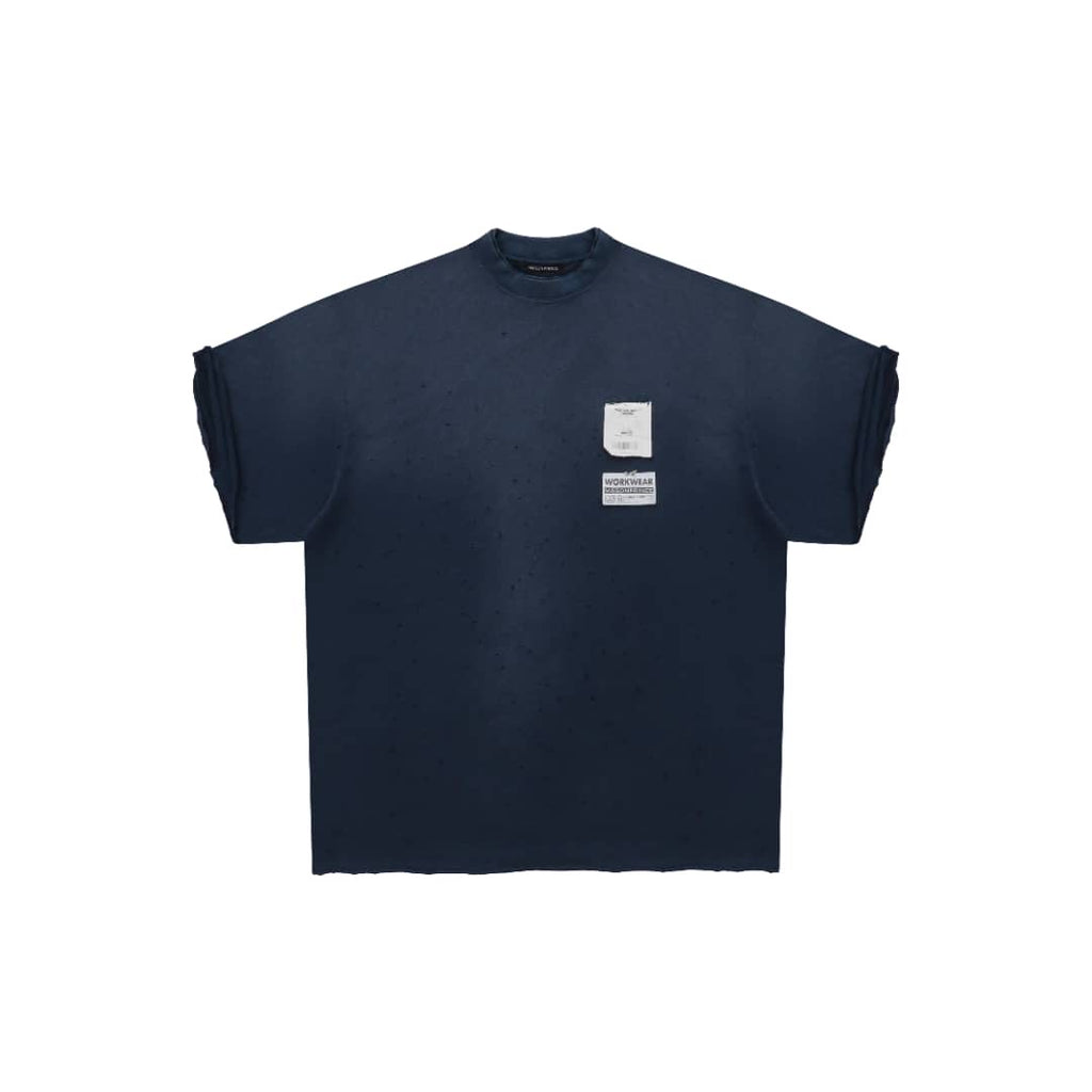 Masonprince Disordered Stitching Double Label Washable Ripped Short-Sleeve Tee Space Blue
