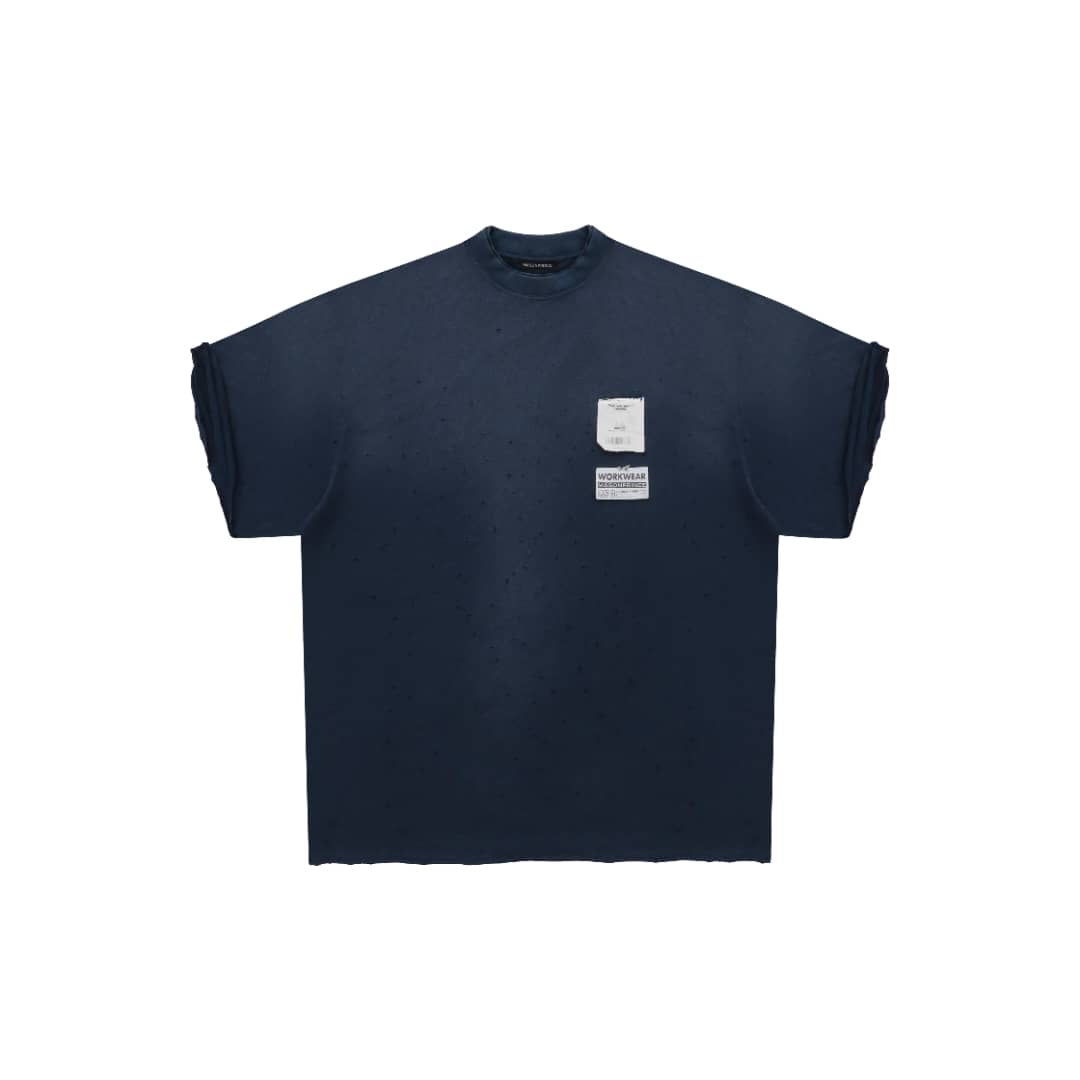 Masonprince Disordered Stitching Double Label Washable Ripped Short-Sleeve Tee Space Blue