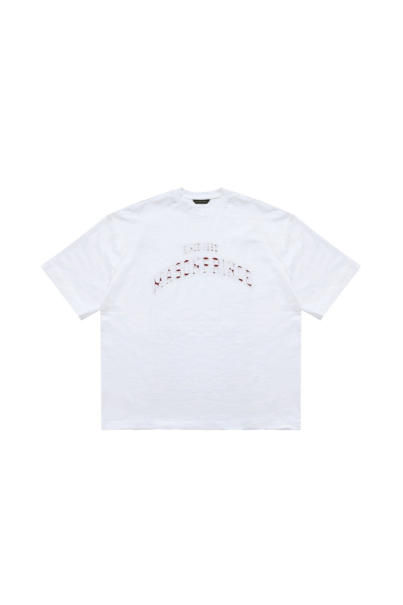 MASONPRINCE COLOUR CONTRAST DISTRESSED PATCHWORK EMBROIDERY TEE WHITE