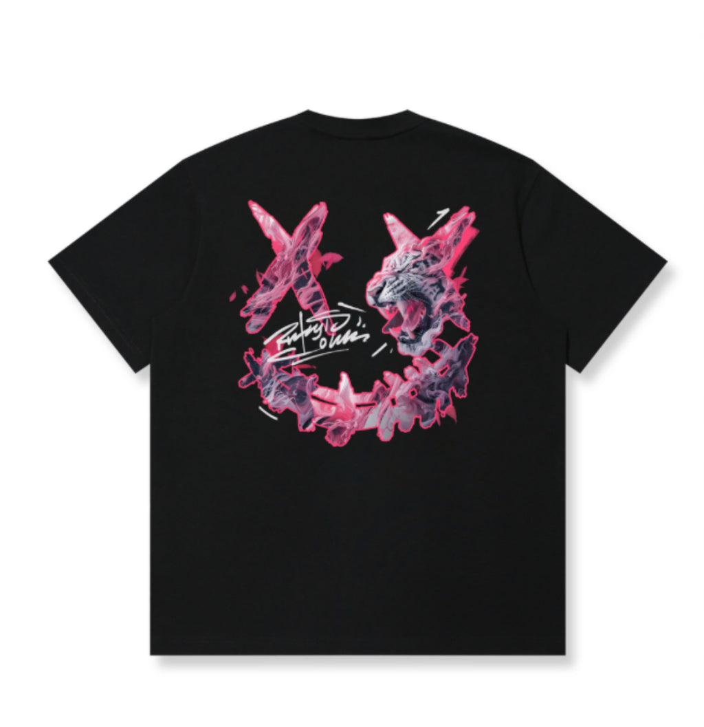 RICKYISCLOWN TIGER PINK FLAME BLACK T SHIRT