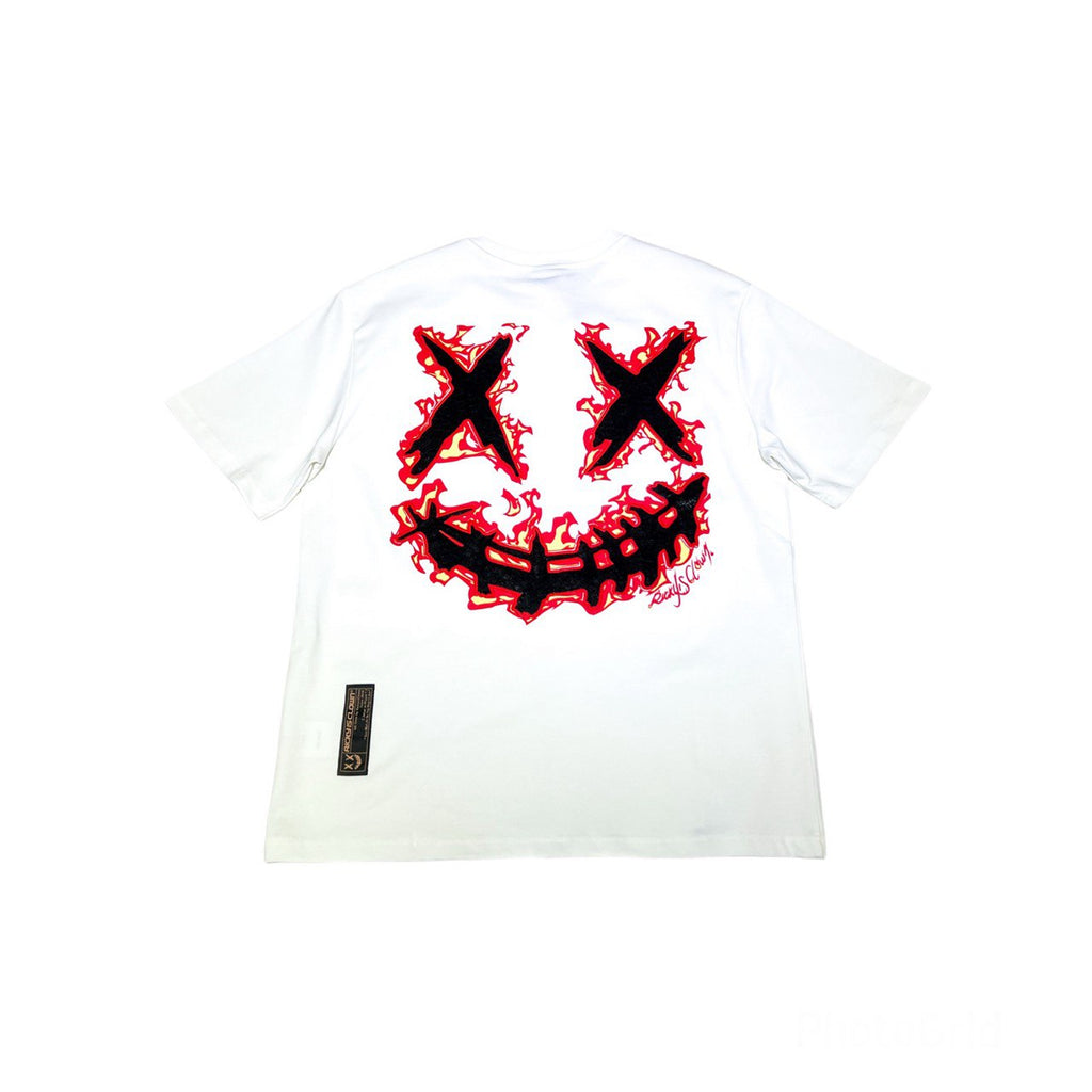 RICKYISCLOWN ORANGE FLAMES EMBROIDERY WHITE TEE
