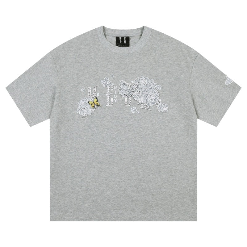 MEDM BUTTERFLY FLOWER EMBROIDERY GREY TEE