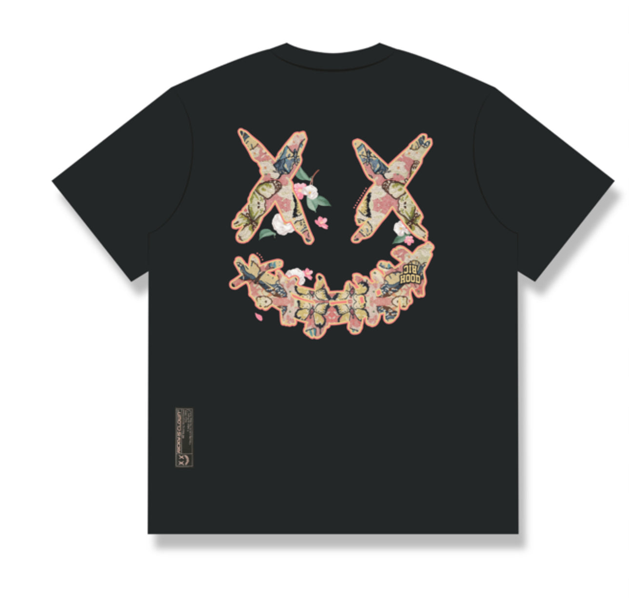 RICKYISCLOWN PINK EMBROIDERY BUTTERFLY LOGO BLACK T SHIRT