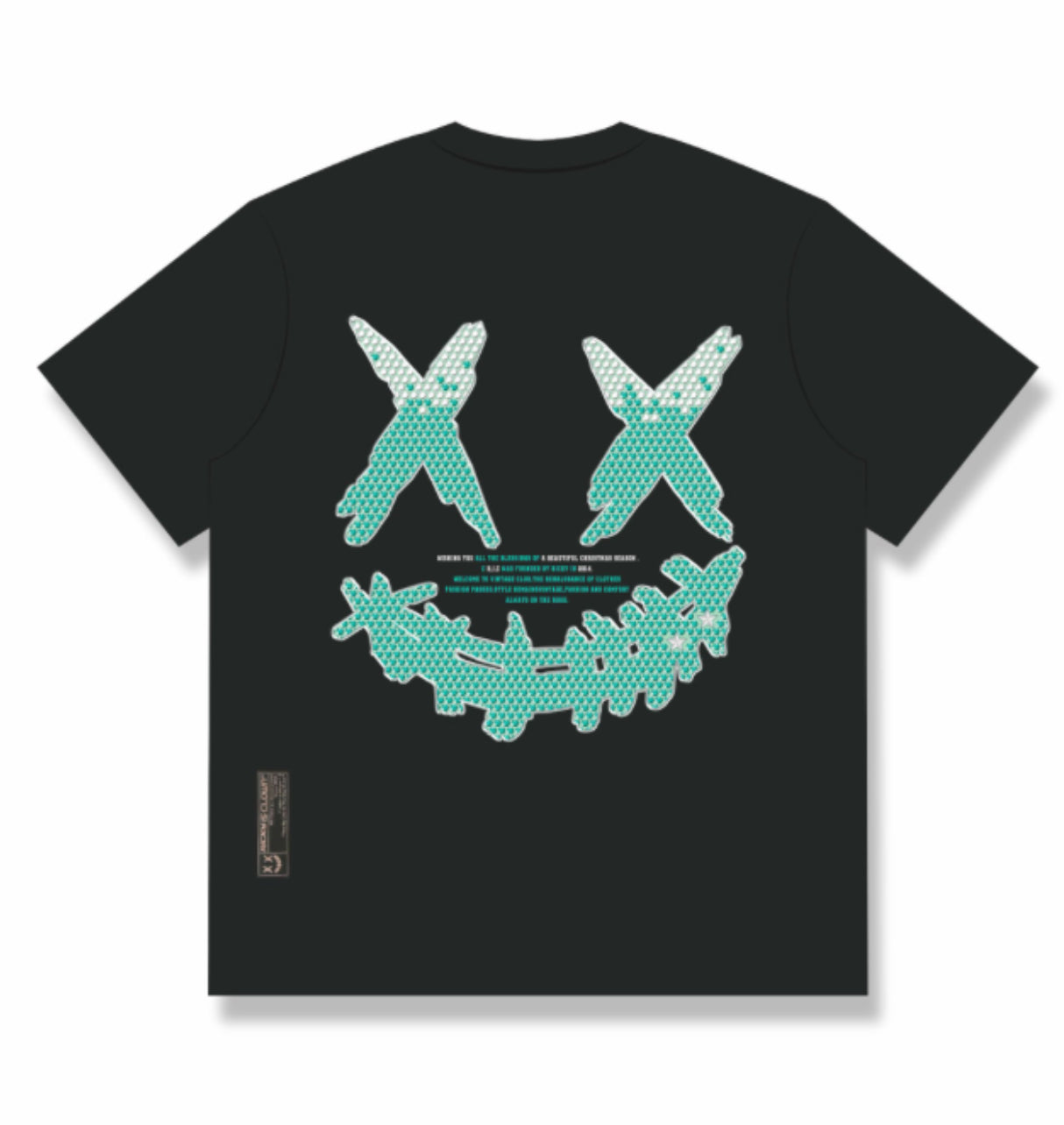 RICKYISCLOWN BLUE RHINESTONE BLACK TEE