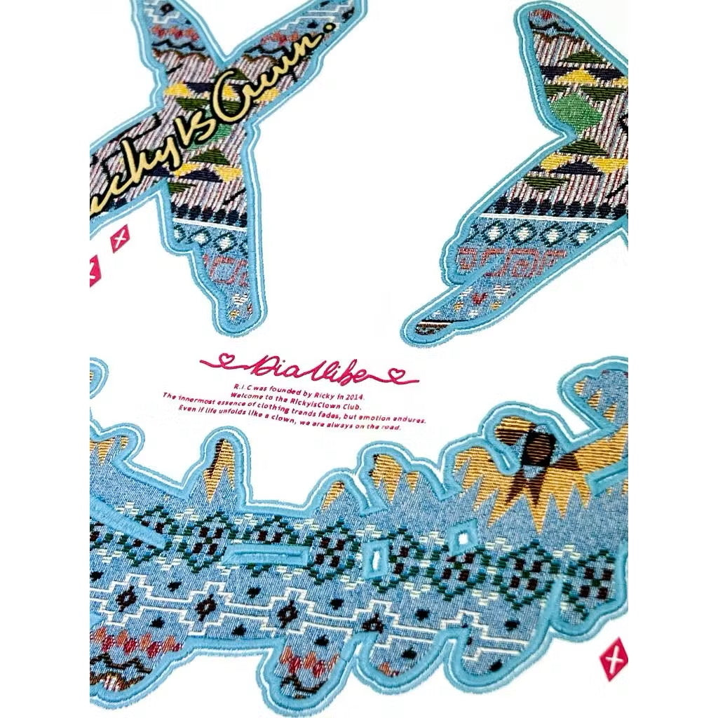 RICKYISCLOWN BLUE BOHO EMBROIDERY WHITE TEE