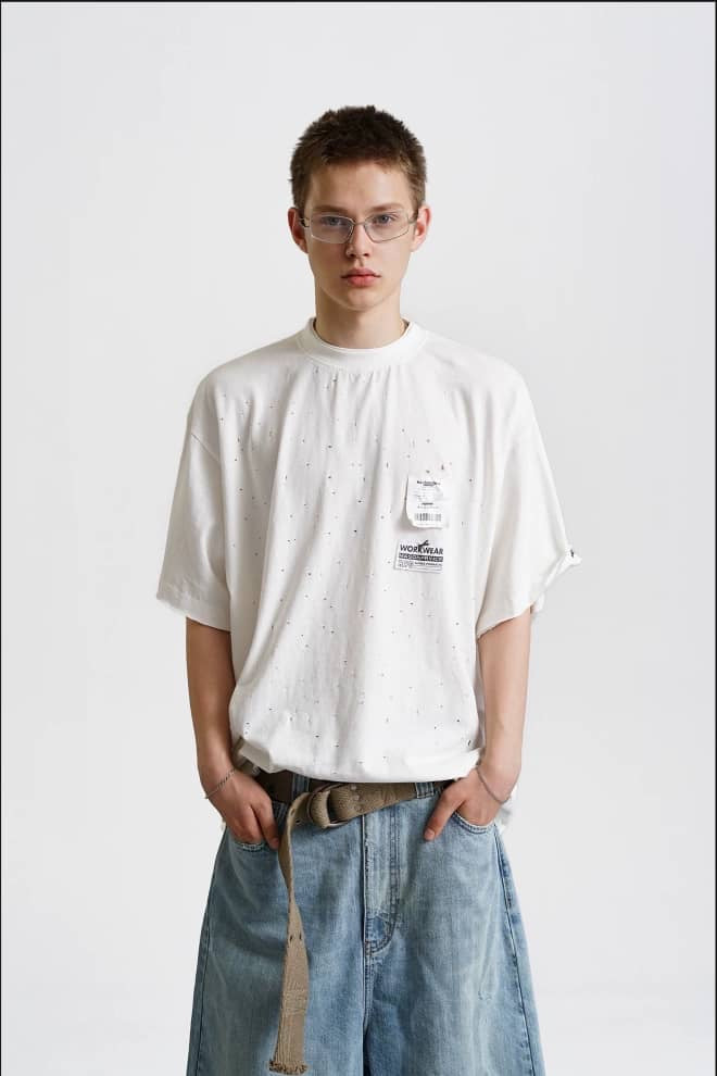Masonprince Disordered Stitching Double Label Washable Ripped Short-Sleeve T-Shirt White