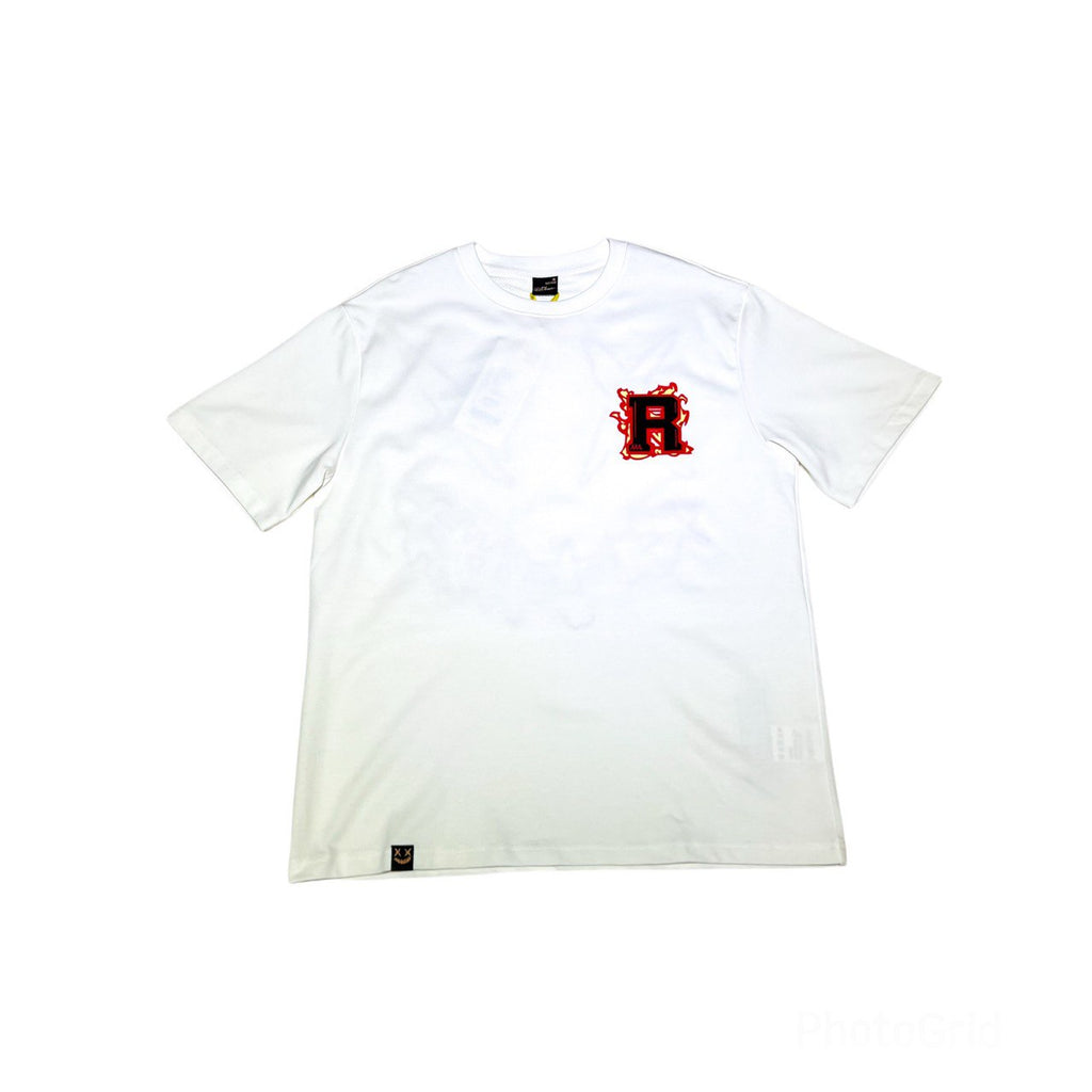 RICKYISCLOWN ORANGE FLAMES EMBROIDERY WHITE TEE