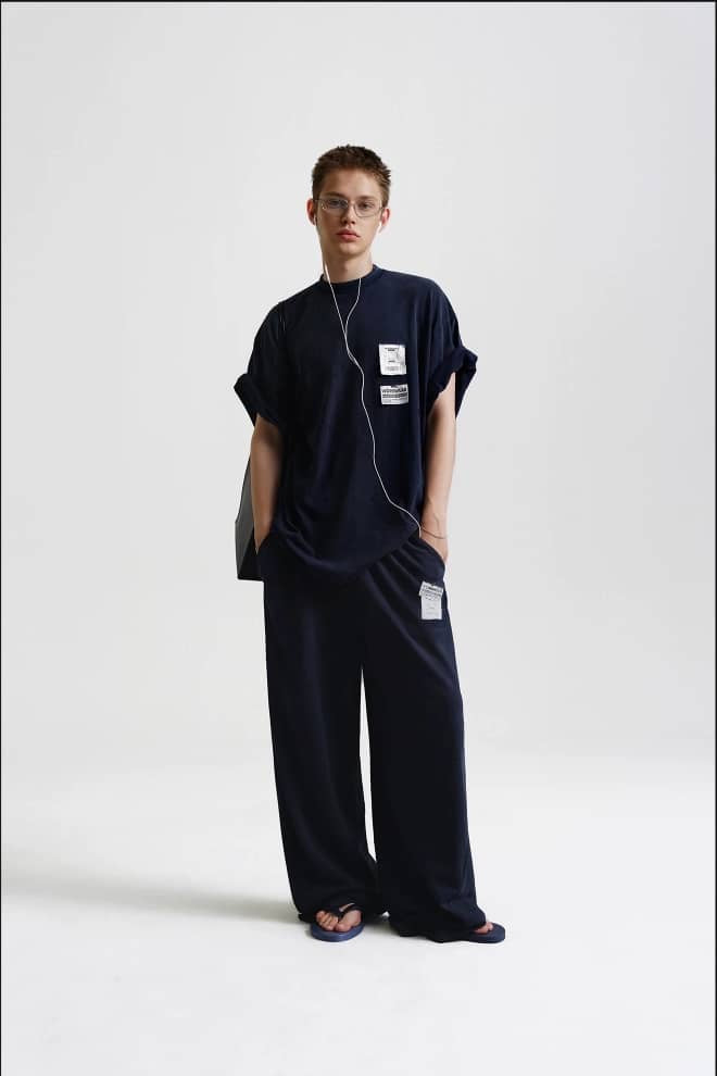 Masonprince Disordered Stitching Double Label Washable Ripped Short-Sleeve Tee Space Blue