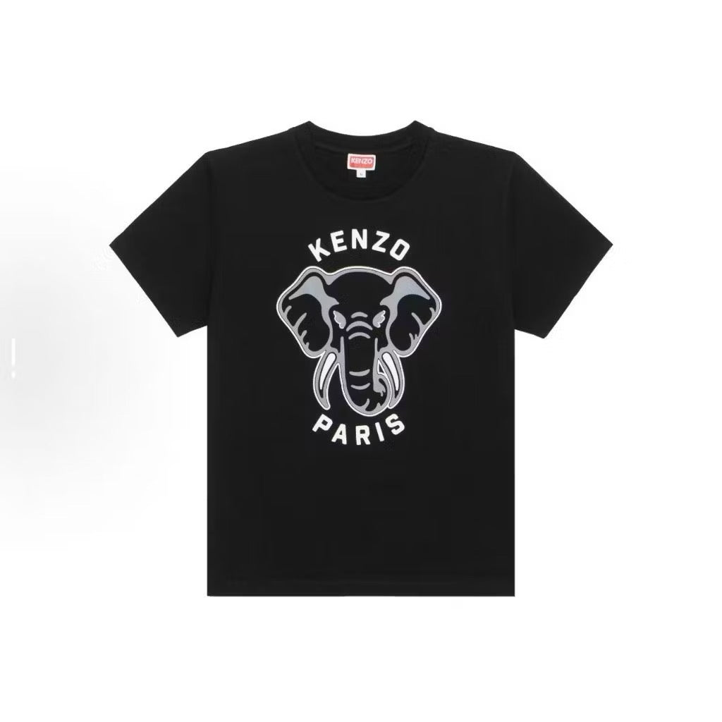 KENZO PRINTED ELEPHANT FRONT LOGO BLACK T SHIRT (OS) OVERSIZED