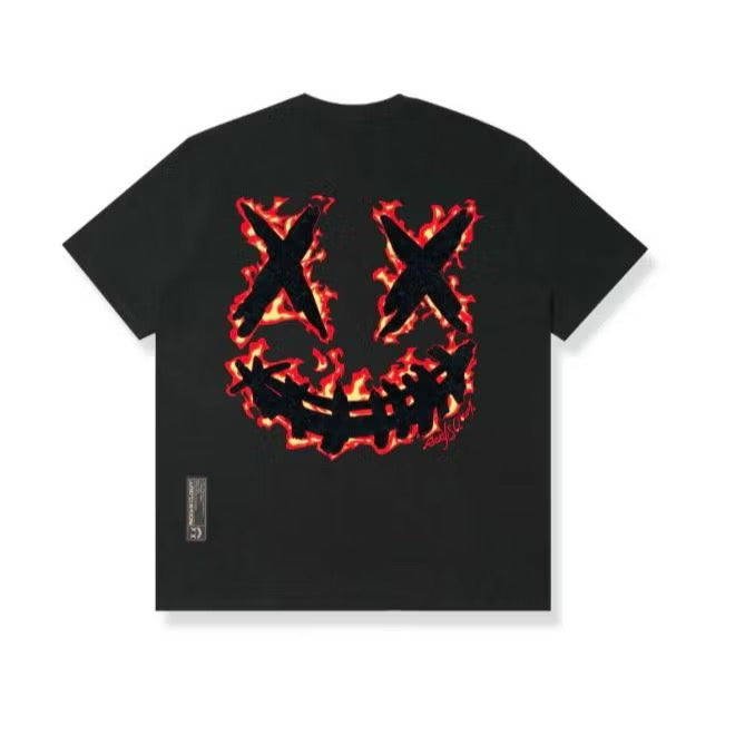 RICKYISCLOWN ORANGE FLAMES EMBROIDERY BLACK TEE