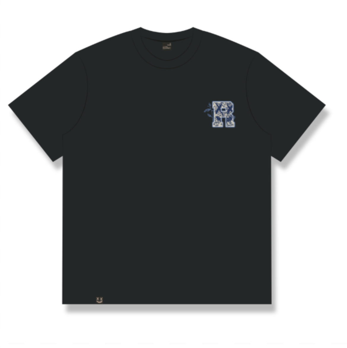 RICKYISCLOWN BLUE WHITE GRAPHIC EMBROIDERY BLACK T SHIRT
