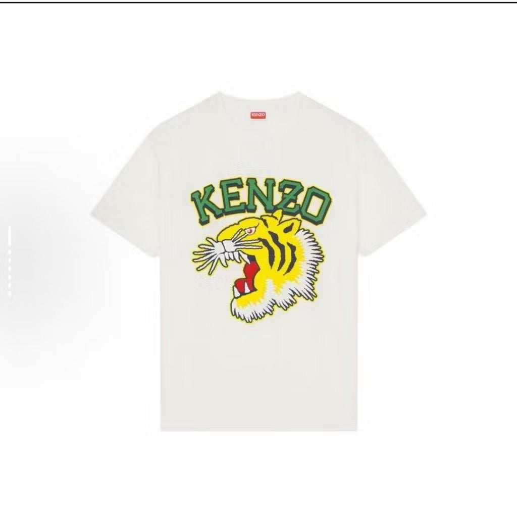 KENZO PRINTED YELLOW TIGER FRONT LOGO CREAM WHITE T SHIRT (OS) OVERSIZED