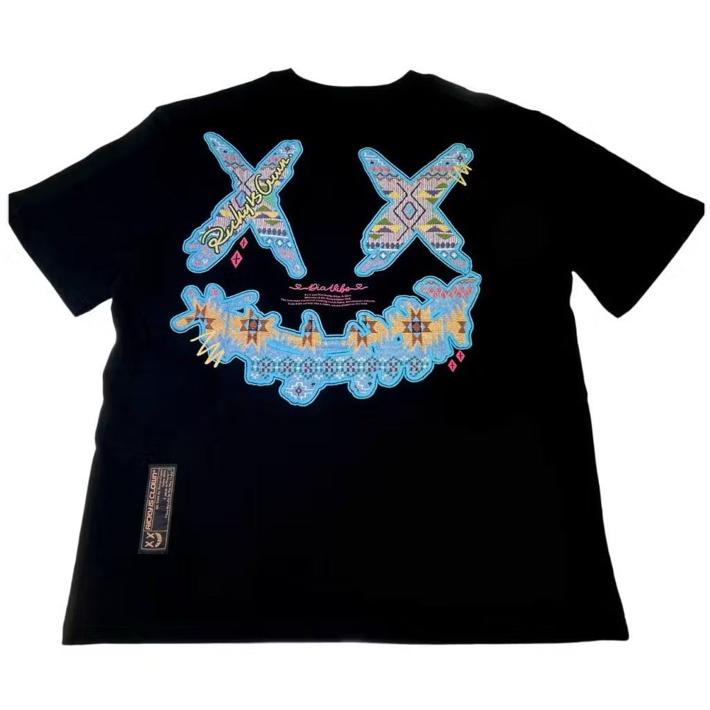 RICKYISCLOWN BLUE BOHO EMBROIDERY BLACK TEE