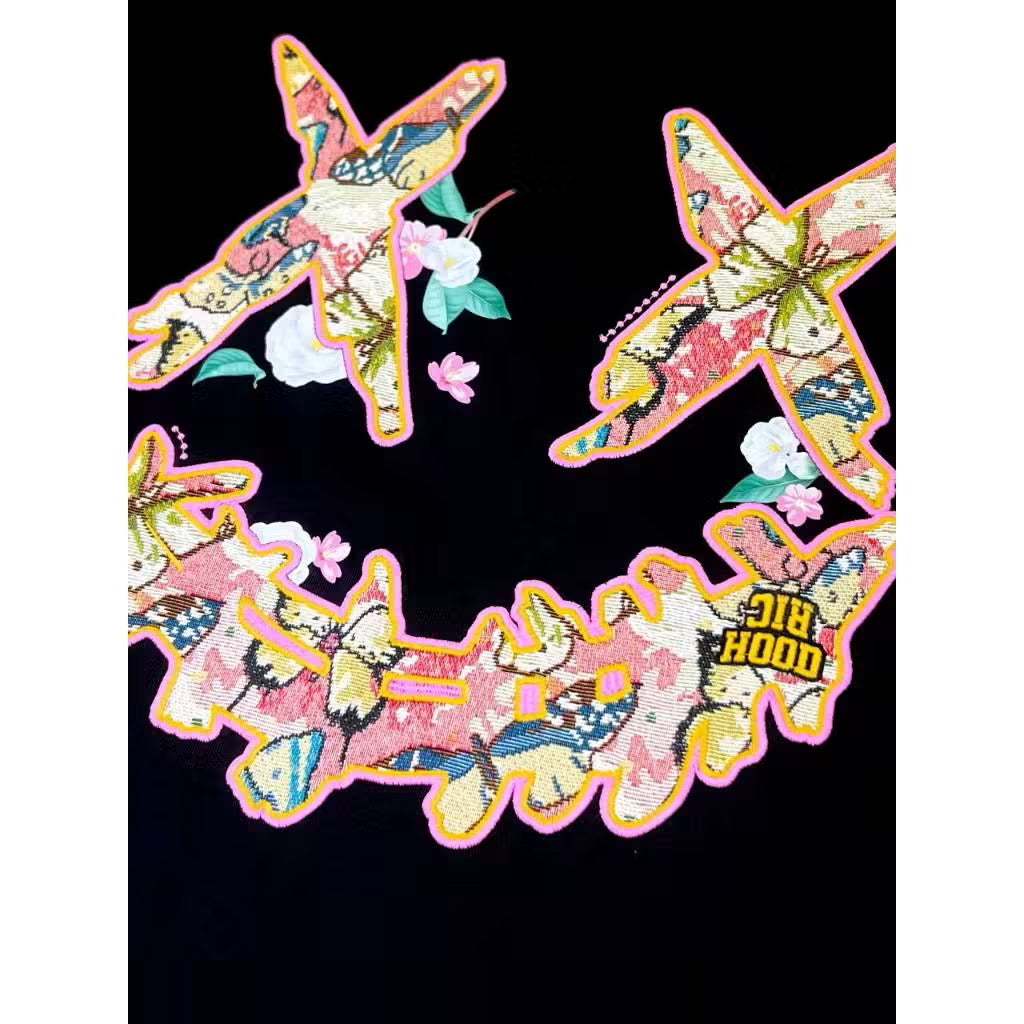 RICKYISCLOWN PINK EMBROIDERY BUTTERFLY LOGO BLACK T SHIRT