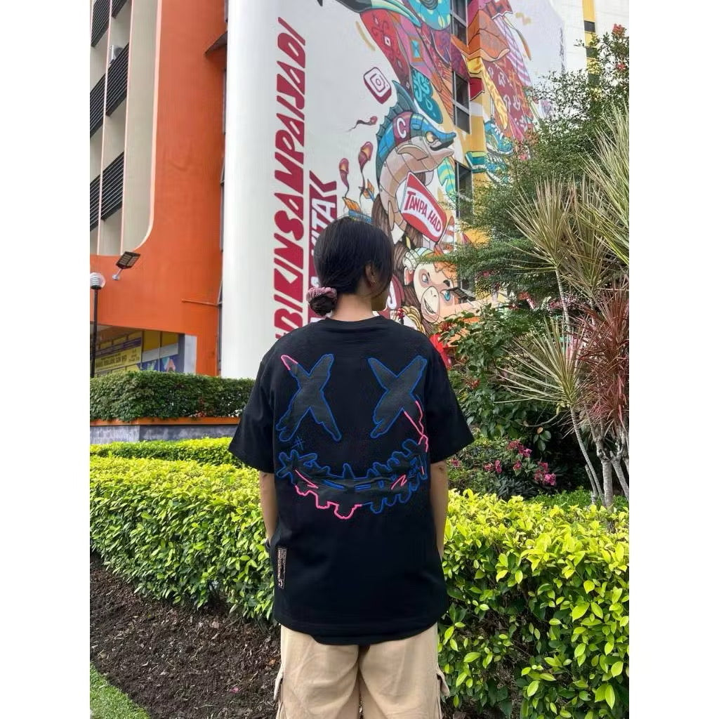 RICKYISCLOWN PINK BLUE EMBROIDERY BLACK TEE