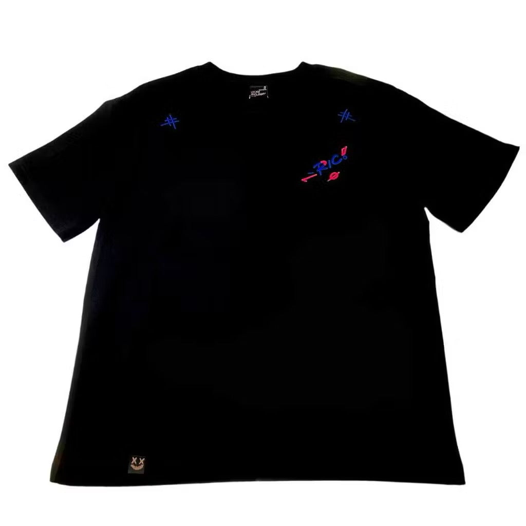 RICKYISCLOWN PINK BLUE EMBROIDERY BLACK TEE