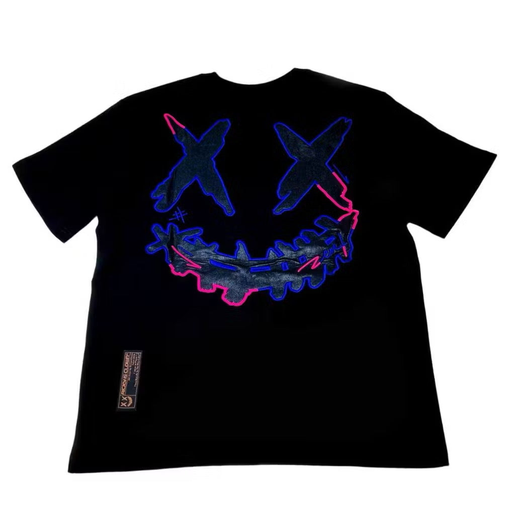 RICKYISCLOWN PINK BLUE EMBROIDERY BLACK TEE