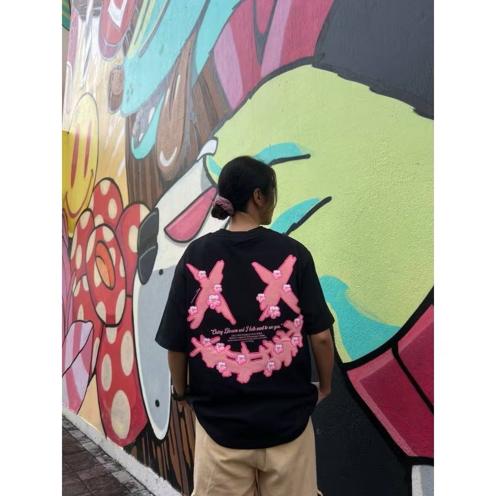 RICKYISCLOWN PINK SAKURA SKIN BLACK T SHIRT