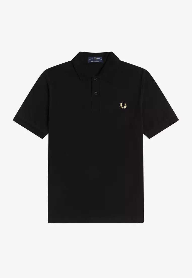 FRED PERRY (classic logo polo shirt) (black tee,gold logo)