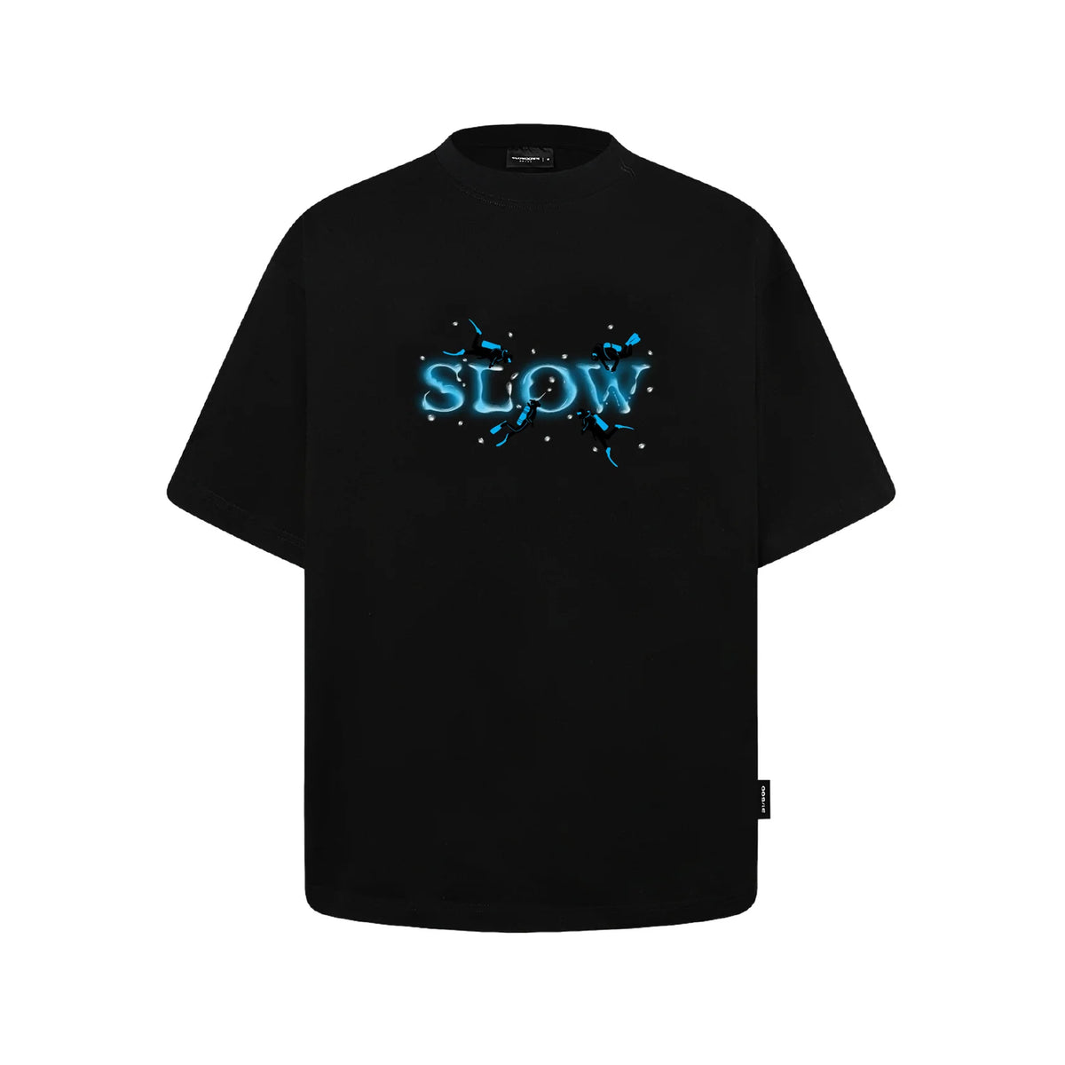 SLOWDOWN 3D DIVER EMBROIDERY RHINESTONE EMBELLISHED BLACK TEE