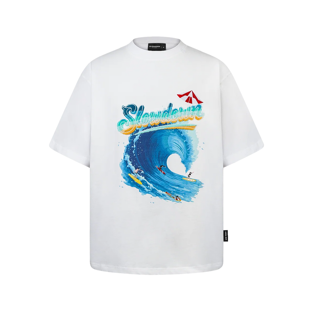 SLOWDOWN SEA SURFING TOWEL EMBROIDERY WHITE TEE